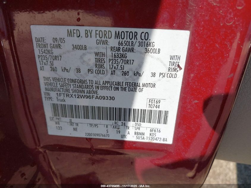 2006 Ford F-150 Stx/Xl/Xlt VIN: 1FTRX12W96FA09330 Lot: 43705495