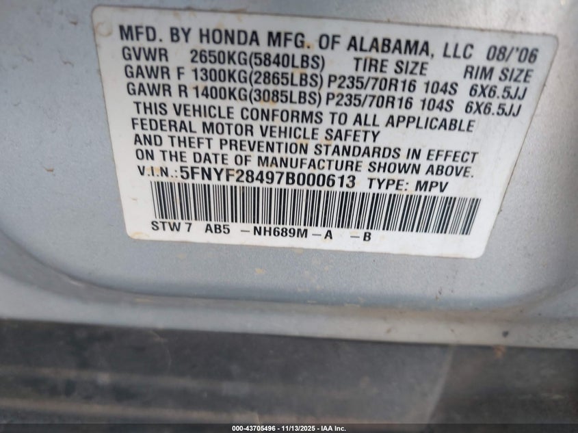 5FNYF28497B000613 2007 HONDA PILOT photo no. 9
