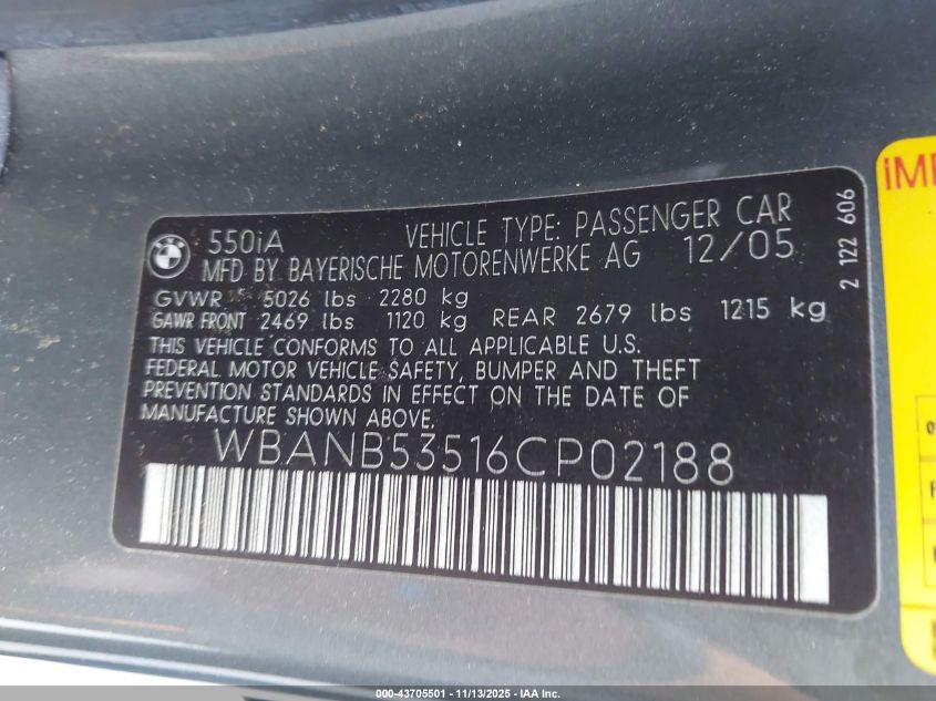 2006 BMW 550I VIN: WBANB53516CP02188 Lot: 43705501