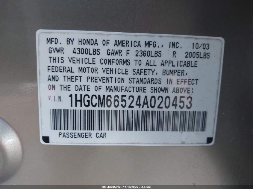 2004 Honda Accord 3.0 Ex VIN: 1HGCM66524A020453 Lot: 43705512