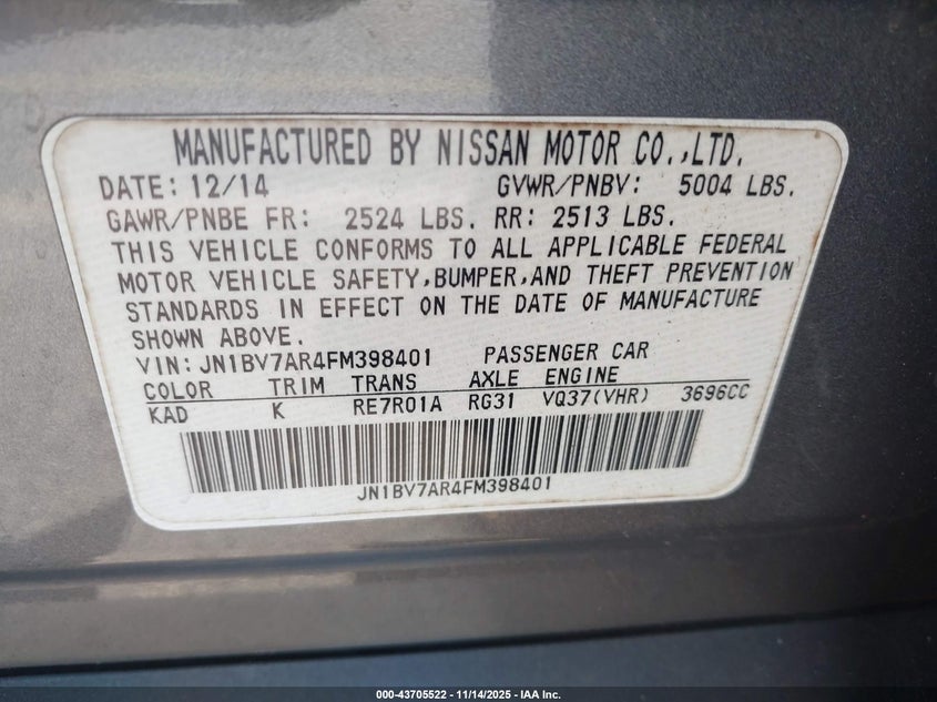 JN1BV7AR4FM398401 2015 INFINITI Q50 photo no. 9