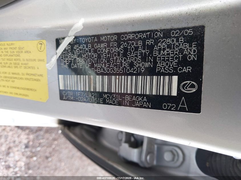 2005 Lexus Es 330 VIN: JTHBA30G355104219 Lot: 43705526