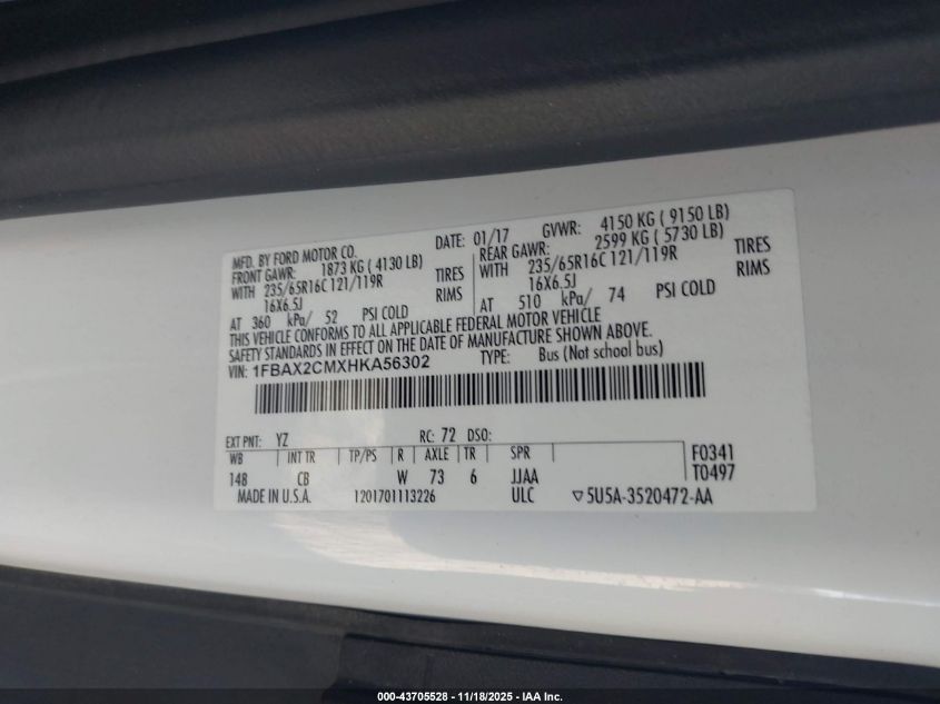 2017 Ford Transit-350 Xlt VIN: 1FBAX2CMXHKA56302 Lot: 43705528