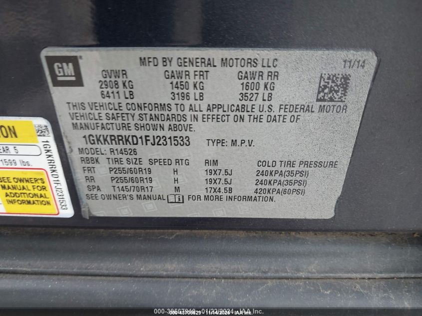 2015 GMC Acadia Slt-1 VIN: 1GKKRRKD1FJ231533 Lot: 43705529