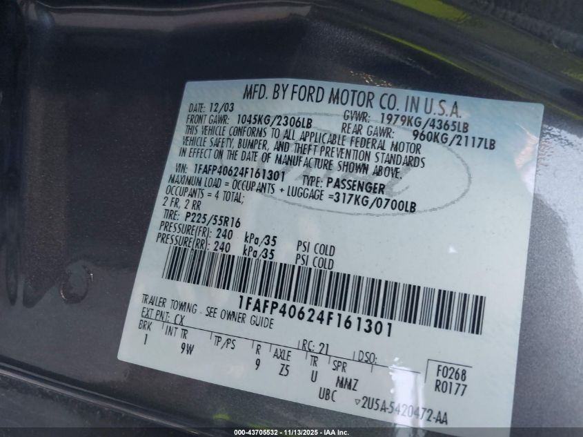 2004 Ford Mustang VIN: 1FAFP40624F161301 Lot: 43705532