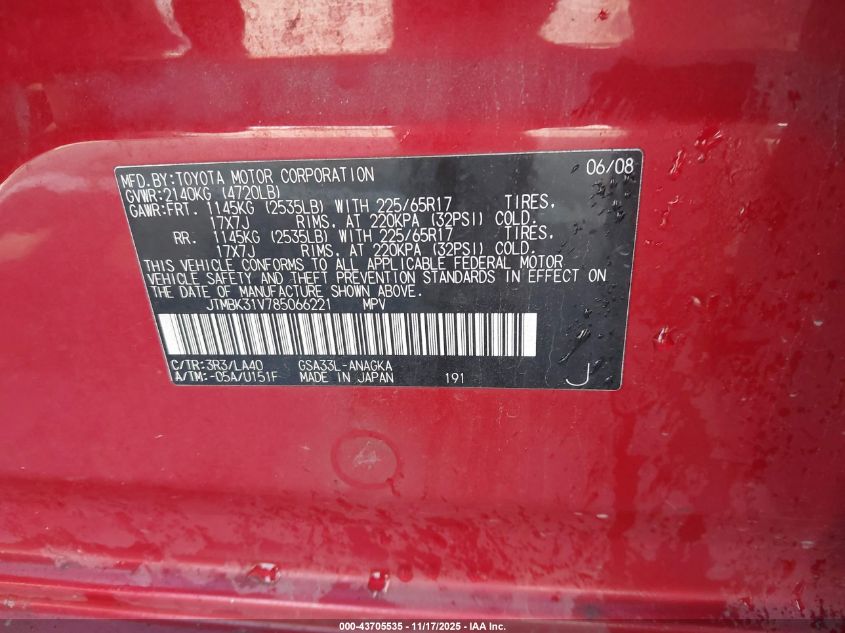 2008 Toyota Rav4 Limited V6 VIN: JTMBK31V785066221 Lot: 43705535