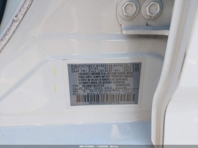 2021 Nissan Sentra Sv Xtronic Cvt VIN: 3N1AB8CV1MY327476 Lot: 43705543