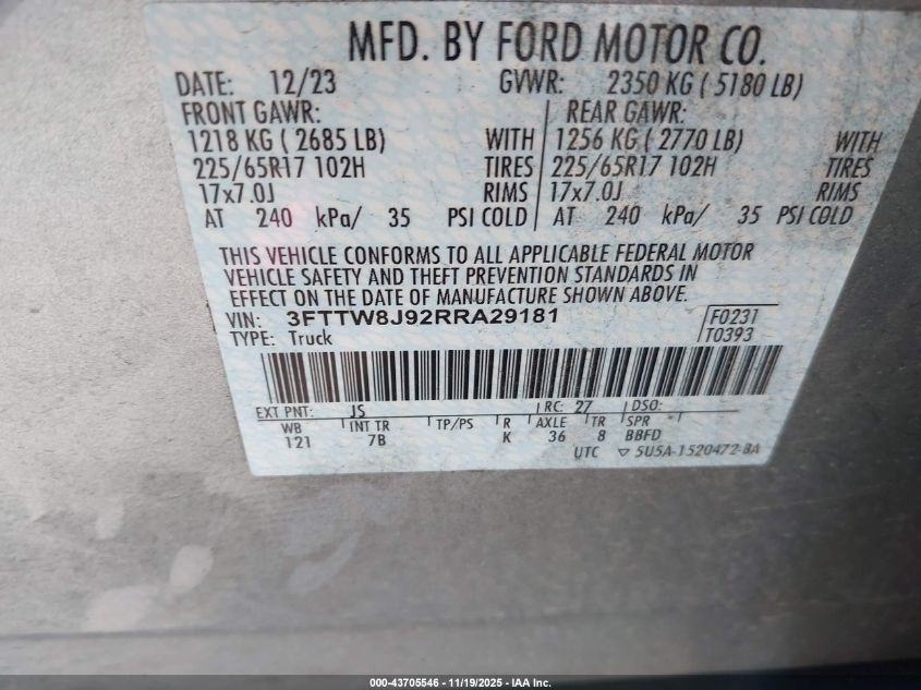 2024 Ford Maverick Xlt VIN: 3FTTW8J92RRA29181 Lot: 43705546