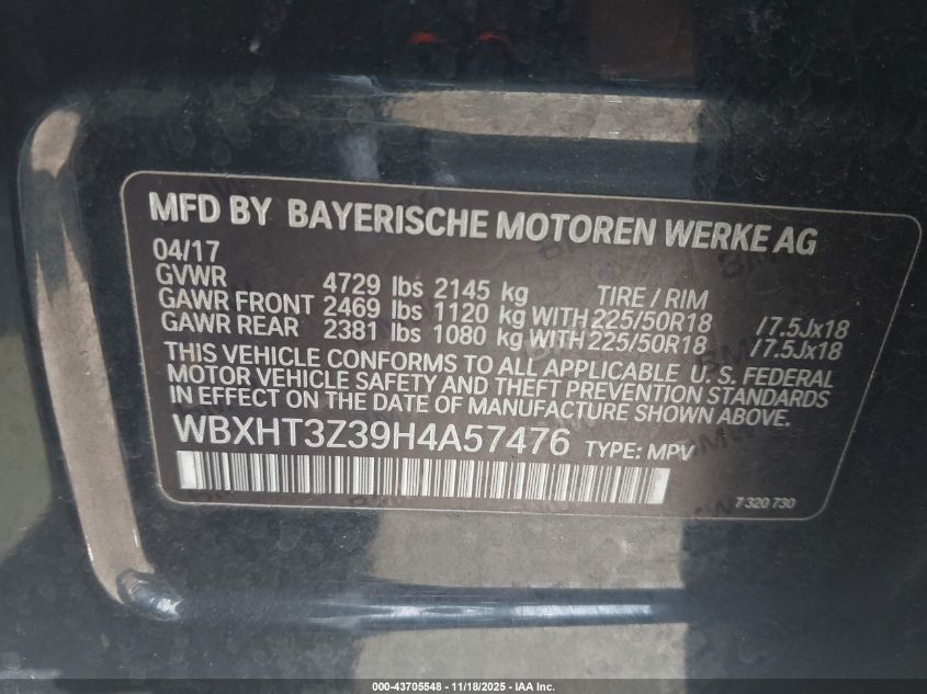 2017 BMW X1 xDrive28I VIN: WBXHT3Z39H4A57476 Lot: 43705548