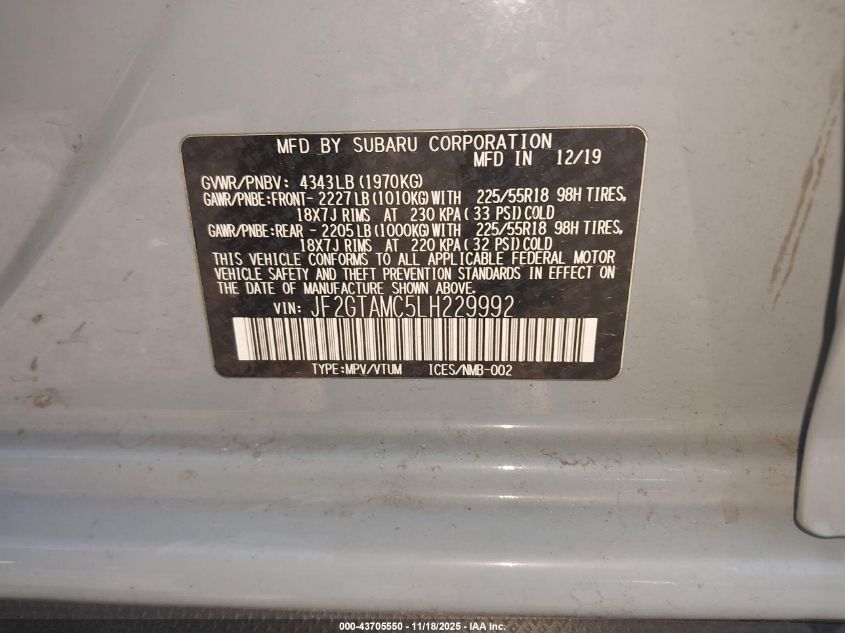 2020 Subaru Crosstrek Limited VIN: JF2GTAMC5LH229992 Lot: 43705550