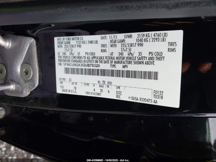 2016 Ford Escape Se VIN: 1FMCU9GX3GUB75320 Lot: 43705557