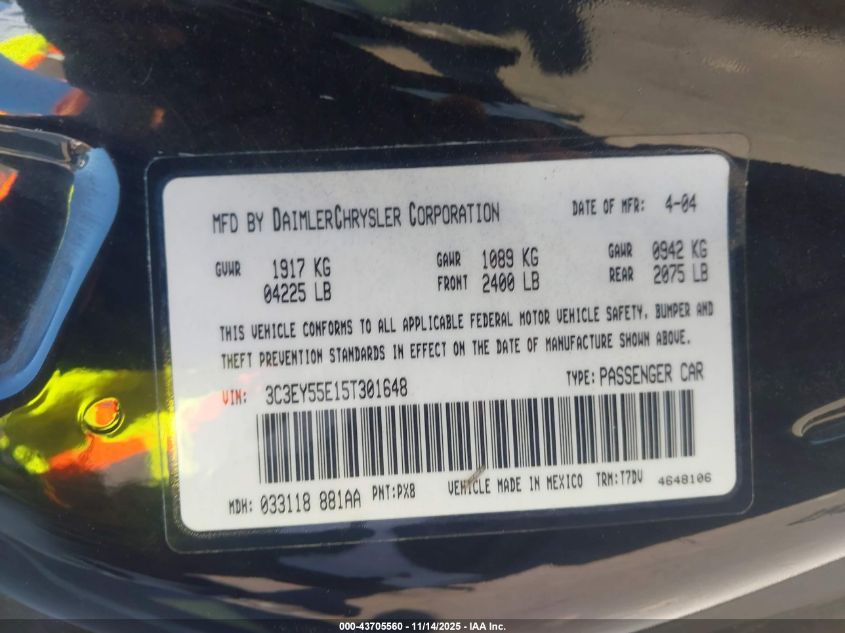 2005 Chrysler Pt Cruiser Touring VIN: 3C3EY55E15T301648 Lot: 43705560