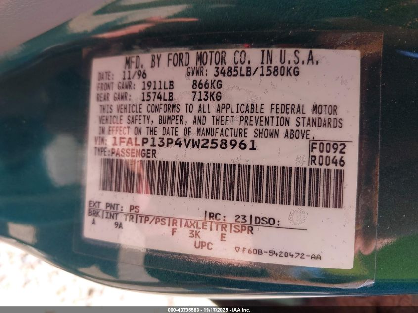 1997 Ford Escort Lx VIN: 1FALP13P4VW258961 Lot: 43705583