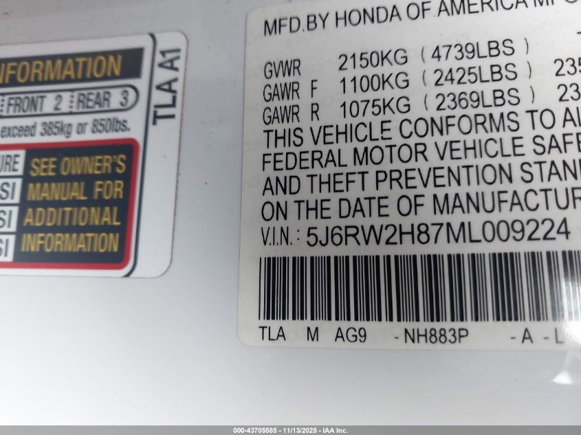 2021 Honda Cr-V Awd Ex-L VIN: 5J6RW2H87ML009224 Lot: 43705585