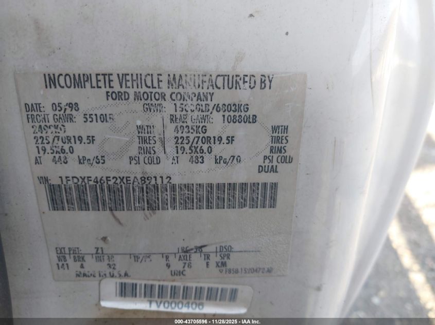 1999 Ford F-450 Lariat/Xl/Xlt VIN: 1FDXF46F2XEA89112 Lot: 43705596