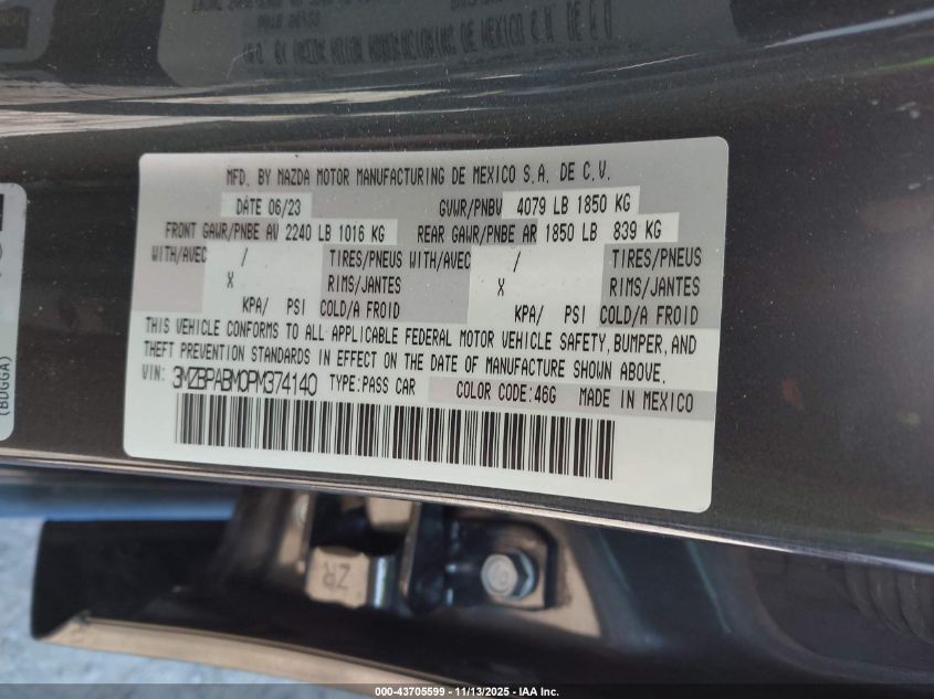 2023 Mazda Mazda3 2.5 S Select VIN: 3MZBPABM0PM374140 Lot: 43705599