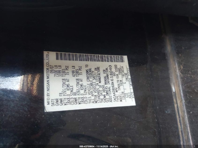 2008 Nissan Armada Se VIN: 5N1AA08D68N618040 Lot: 43705604