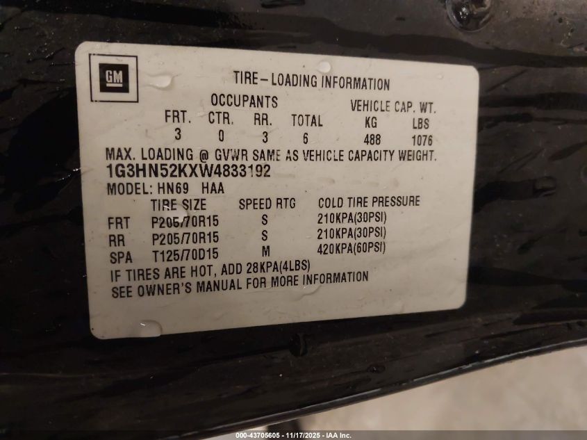 1998 Oldsmobile Eighty-Eight VIN: 1G3HN52KXW4833192 Lot: 43705605