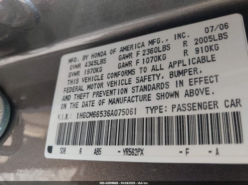 2006 Honda Accord 3.0 Ex VIN: 1HGCM66536A075061 Lot: 43705628