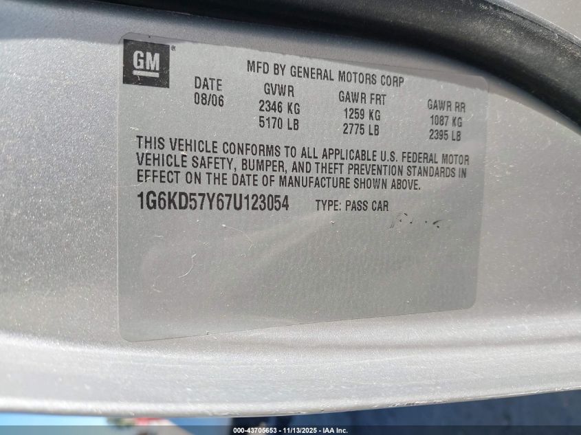 2007 Cadillac Dts Luxury I VIN: 1G6KD57Y67U123054 Lot: 43705653