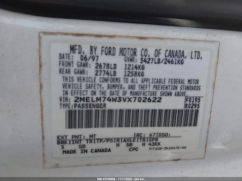 1997 Mercury Grand Marquis Gs VIN: 2MELM74W3VX702622 Lot: 43705665