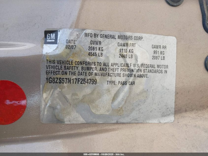 2007 Saturn Aura Xe VIN: 1G8ZS57N17F254799 Lot: 43705688