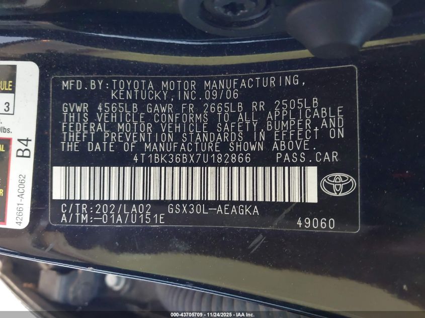 2007 Toyota Avalon Xls VIN: 4T1BK36BX7U182866 Lot: 43705709