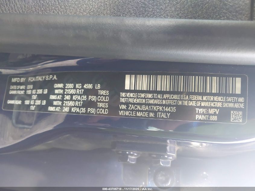 2019 Jeep Renegade Sport 4X4 VIN: ZACNJBA17KPK14435 Lot: 43705718