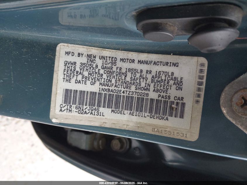 1996 Toyota Corolla VIN: 1NXBA02E4TZ370228 Lot: 43705727