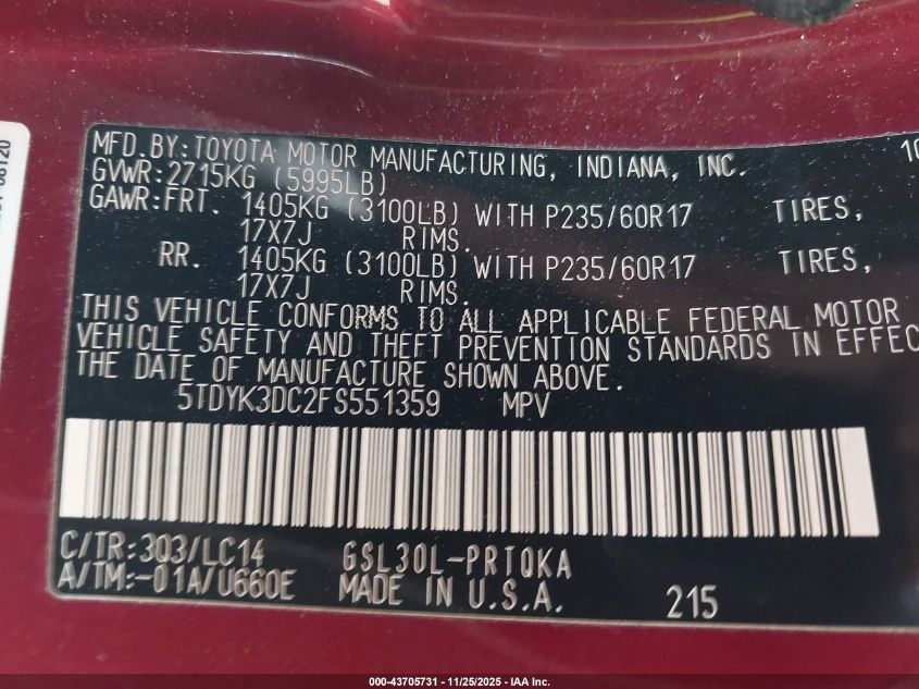 2015 Toyota Sienna Xle 8 Passenger VIN: 5TDYK3DC2FS551359 Lot: 43705731