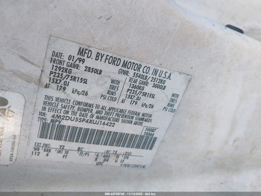 1999 Mercury Mountaineer VIN: 4M2DU55P4XUJ16422 Lot: 43705740