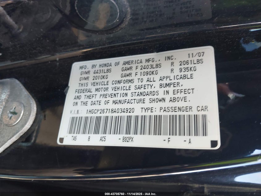 1HGCP26718A034920 2008 HONDA ACCORD photo no. 9