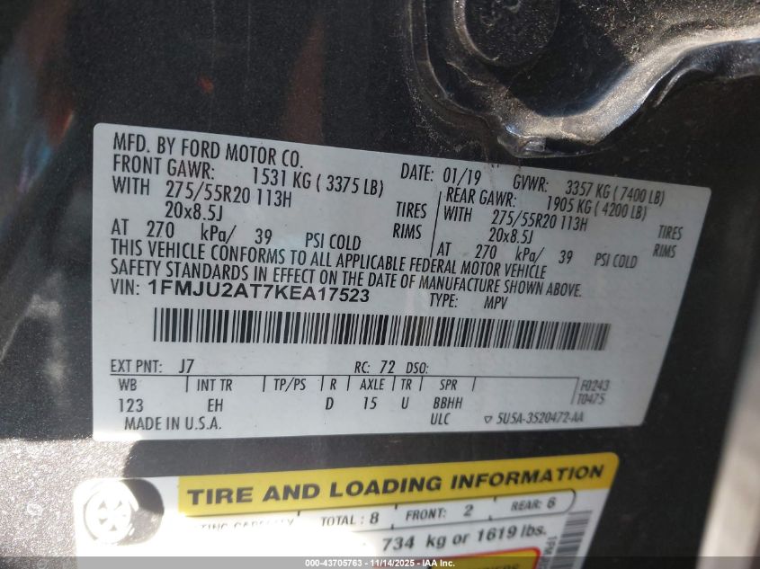 2019 Ford Expedition Limited VIN: 1FMJU2AT7KEA17523 Lot: 43705763