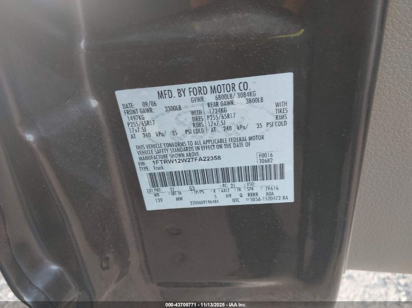 2007 Ford F-150 Xlt VIN: 1FTRW12W27FA22358 Lot: 43705771