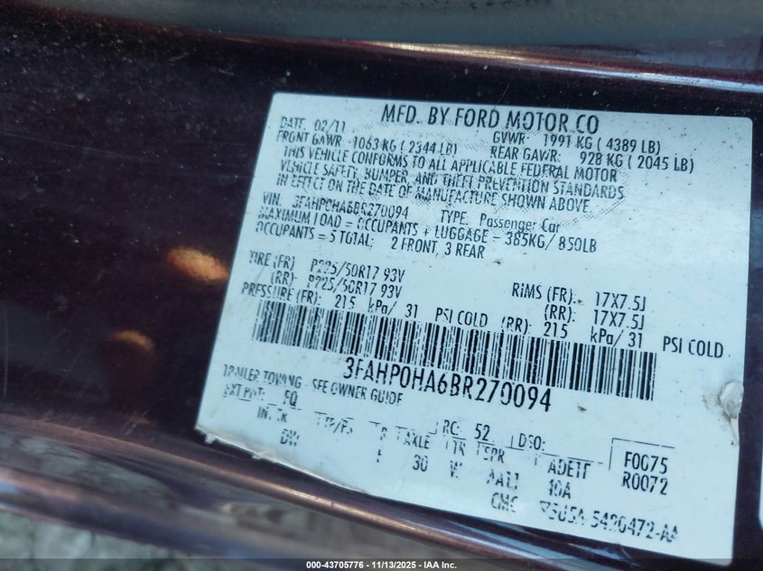 3FAHP0HA6BR270094 2011 FORD FUSION photo no. 9