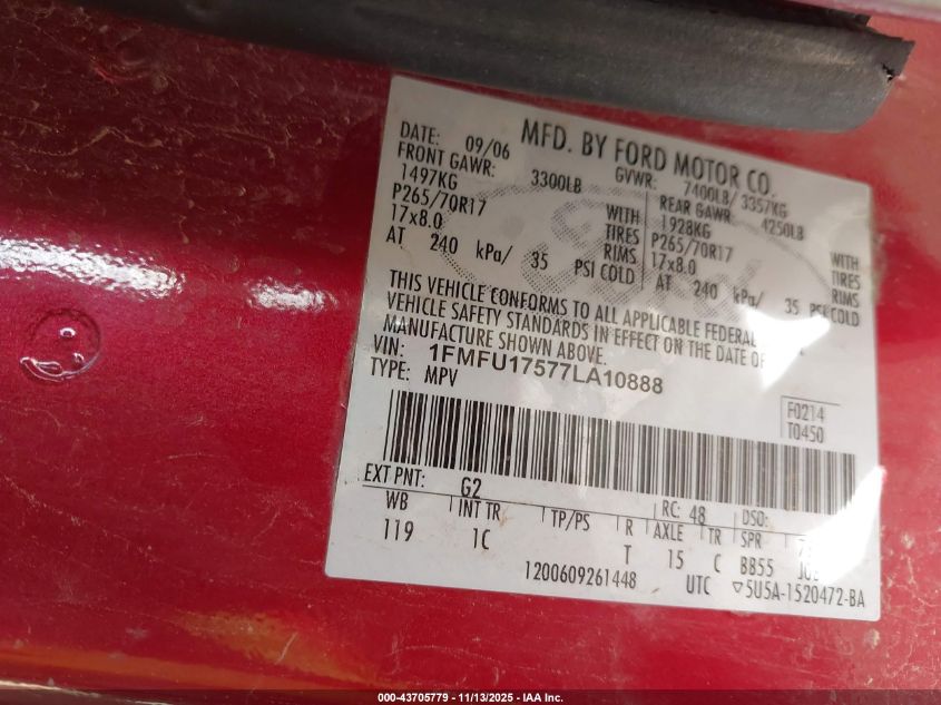 2007 Ford Expedition Eddie Bauer VIN: 1FMFU17577LA10888 Lot: 43705779