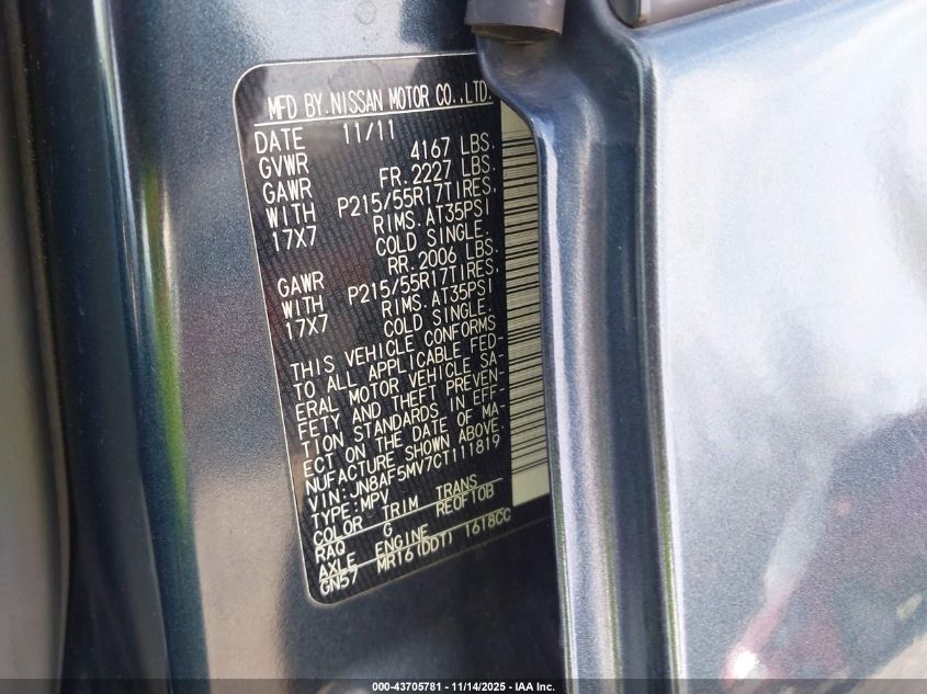 2012 Nissan Juke Sl VIN: JN8AF5MV7CT111819 Lot: 43705781