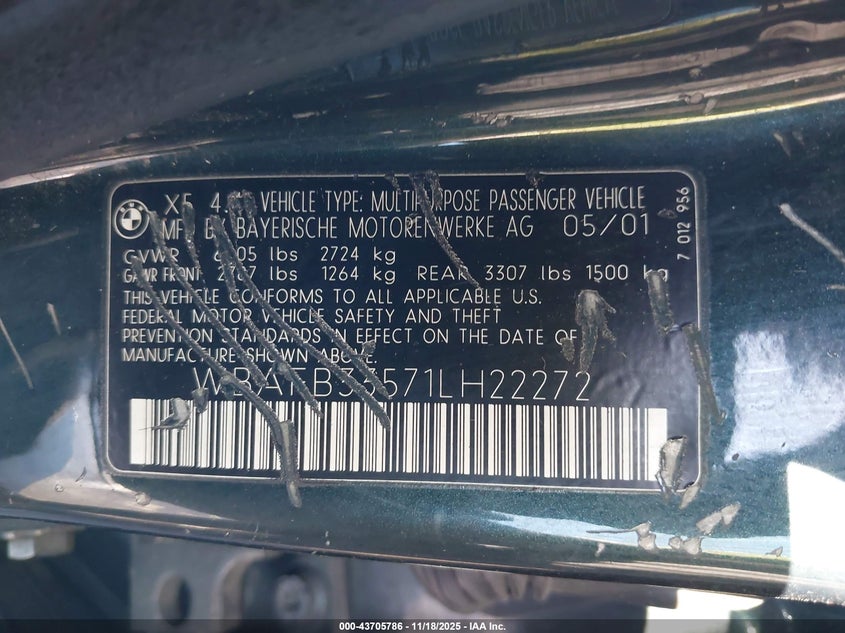 2001 BMW X5 4.4 VIN: WBAFB33571LH22272 Lot: 43705786