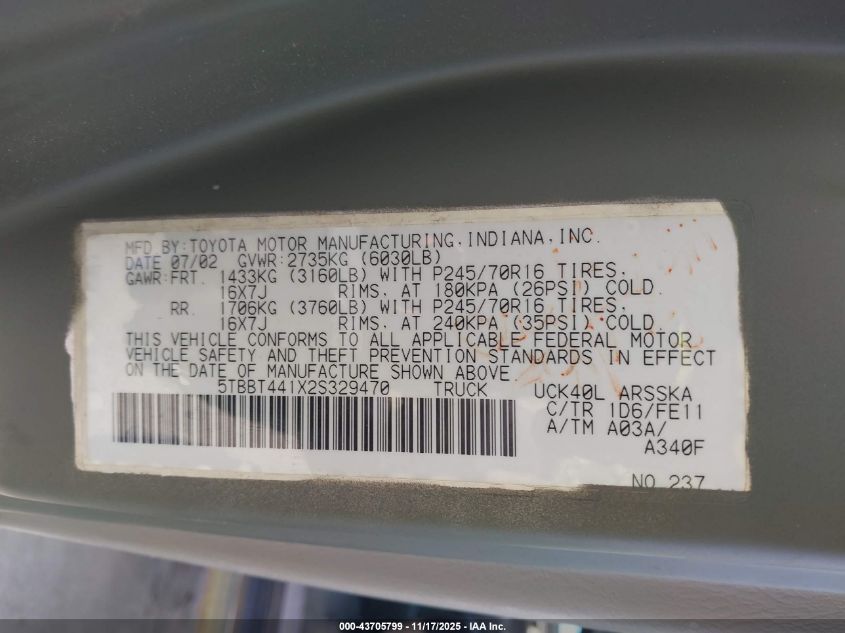2002 Toyota Tundra Sr5 V8 VIN: 5TBBT441X2S329470 Lot: 43705799