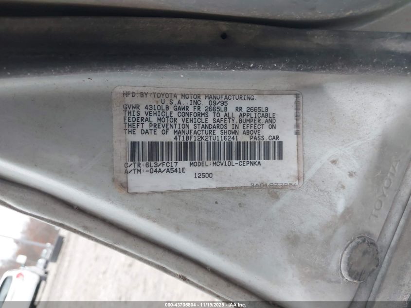 1996 Toyota Camry Le/Xle/Se VIN: 4T1BF12K2TU116241 Lot: 43705804