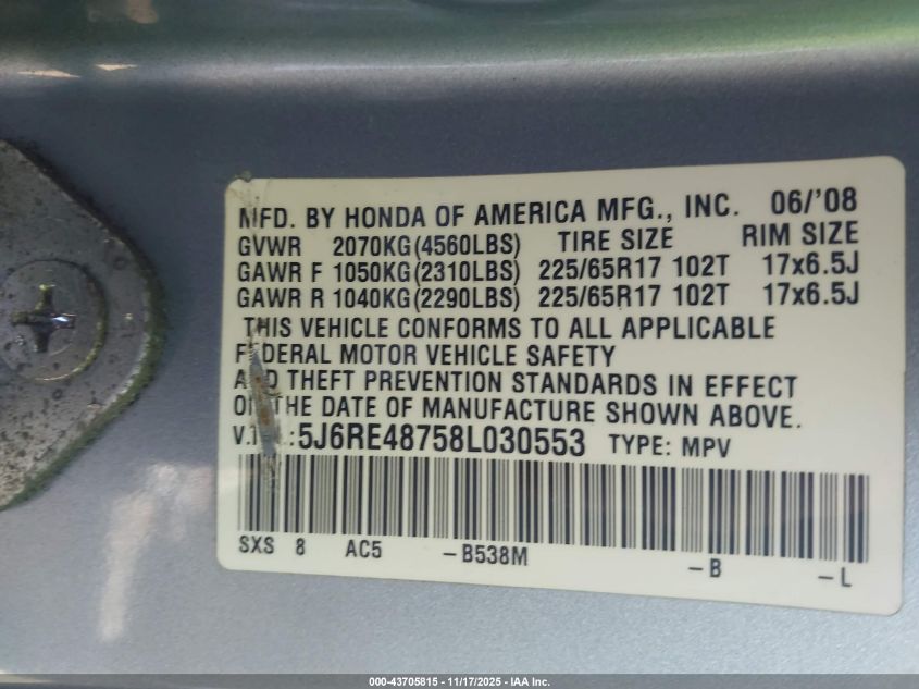 2008 Honda Cr-V Ex-L VIN: 5J6RE48758L030553 Lot: 43705815