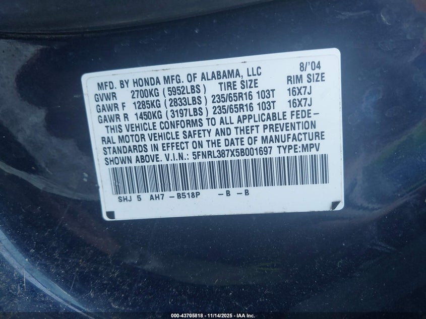5FNRL387X5B001697 2005 HONDA ODYSSEY photo no. 9