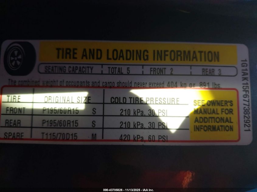 2007 Chevrolet Cobalt Ls VIN: 1G1AK15F677382921 Lot: 43705826