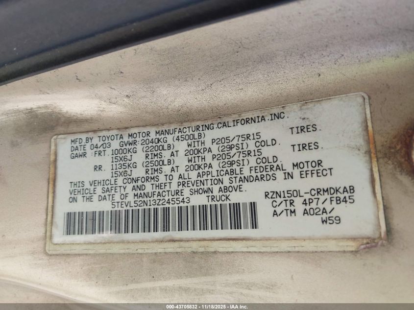 2003 Toyota Tacoma VIN: 5TEVL52N13Z245543 Lot: 43705832