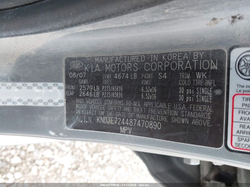 2008 Kia Sportage Lx VIN: KNDJE724487470890 Lot: 43705835