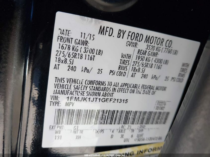 2016 Ford Expedition El Xlt VIN: 1FMJK1JT1GEF21315 Lot: 43705845