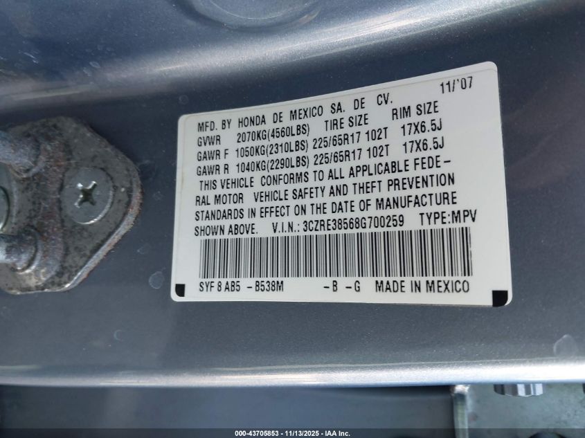 2008 Honda Cr-V Ex VIN: 3CZRE38568G700259 Lot: 43705853