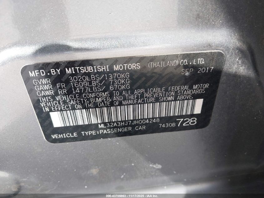 2018 Mitsubishi Mirage Es VIN: ML32A3HJ7JH004248 Lot: 43705863
