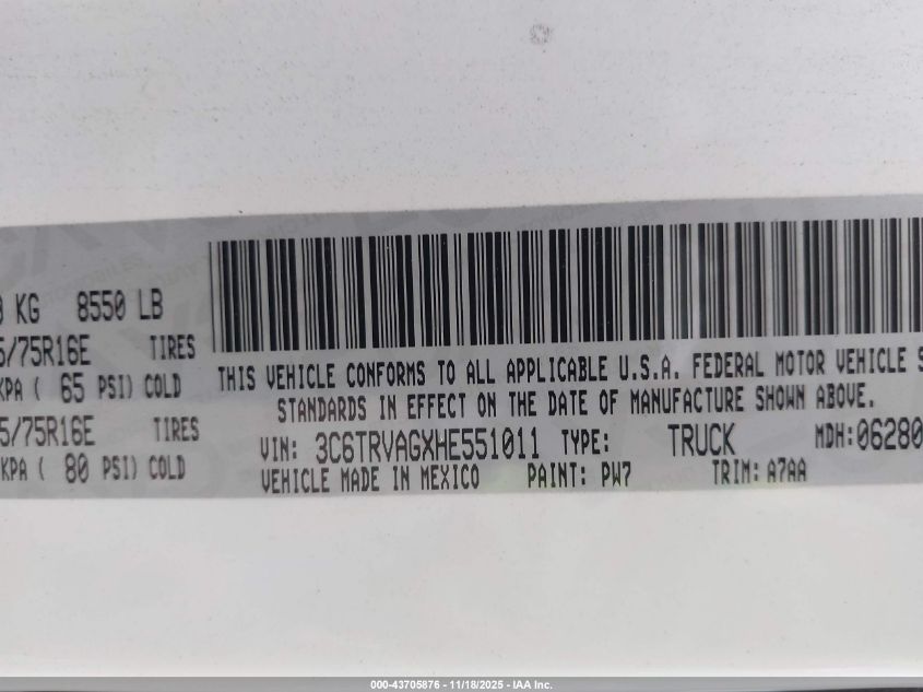 2017 Ram Promaster 1500 Low Roof 136 Wb VIN: 3C6TRVAGXHE551011 Lot: 43705876