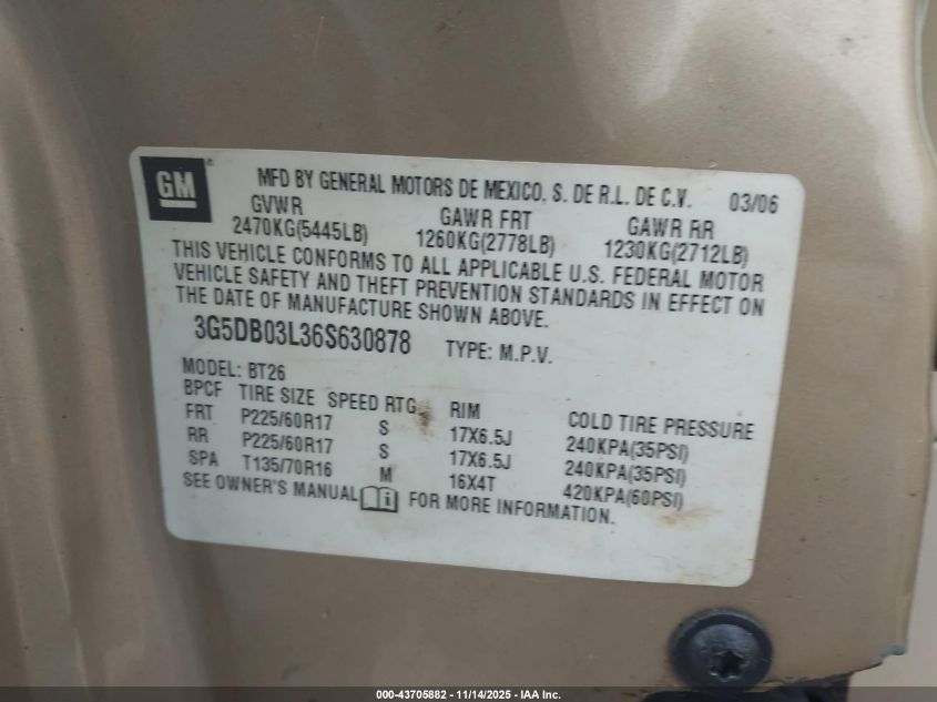 2006 Buick Rendezvous Cx VIN: 3G5DB03L36S630878 Lot: 43705882